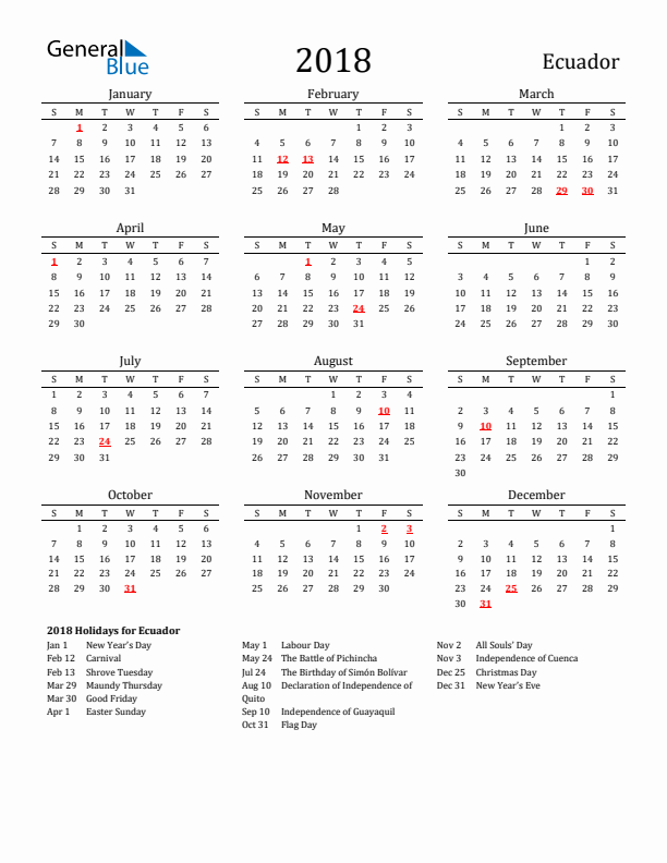 Ecuador Holidays Calendar for 2018