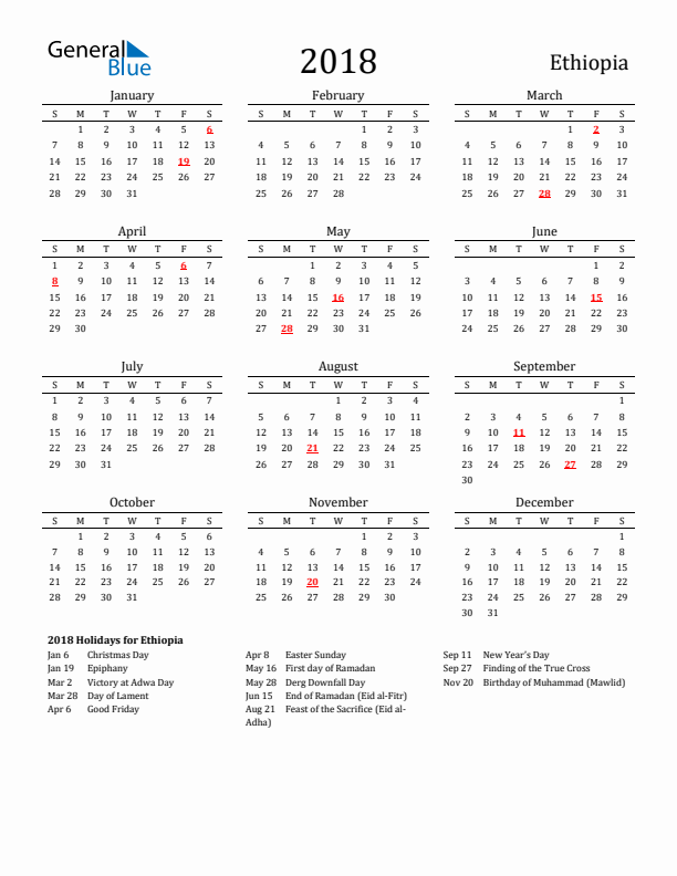 Ethiopia Holidays Calendar for 2018