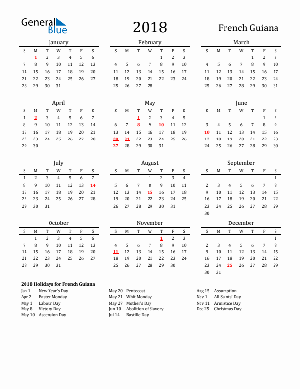 French Guiana Holidays Calendar for 2018