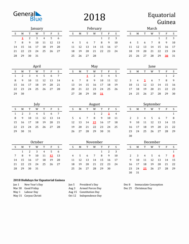 Equatorial Guinea Holidays Calendar for 2018