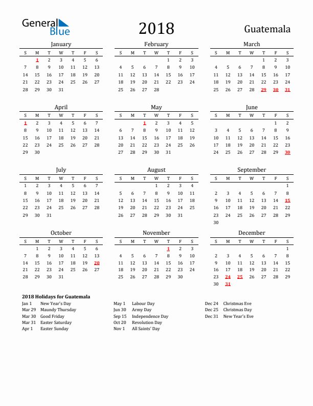 Guatemala Holidays Calendar for 2018