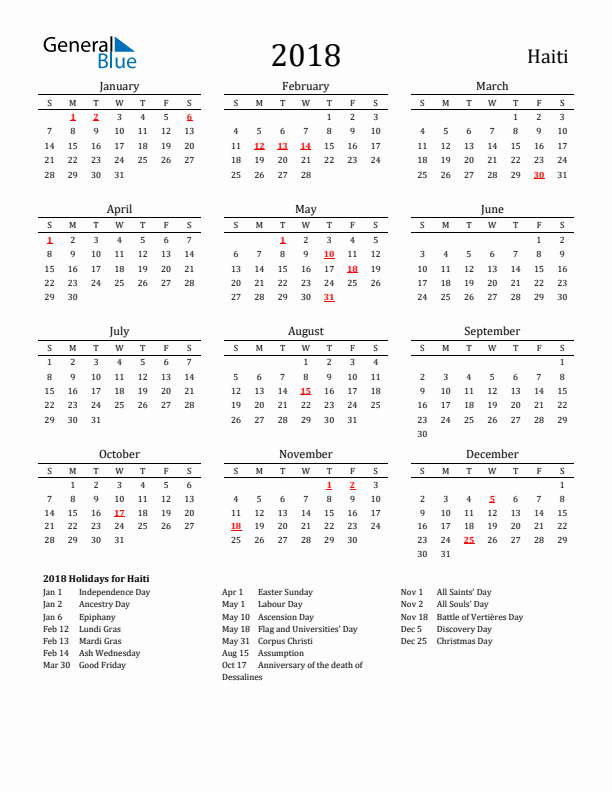 Haiti Holidays Calendar for 2018