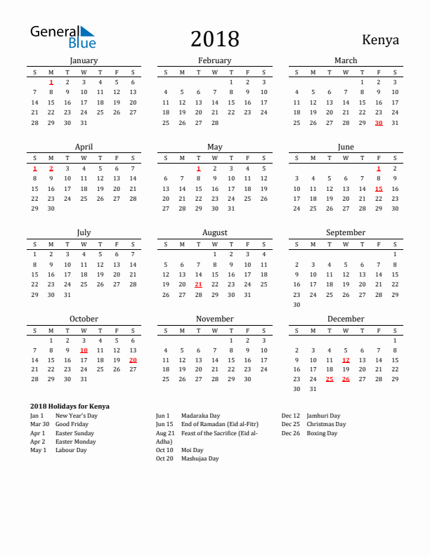 Kenya Holidays Calendar for 2018