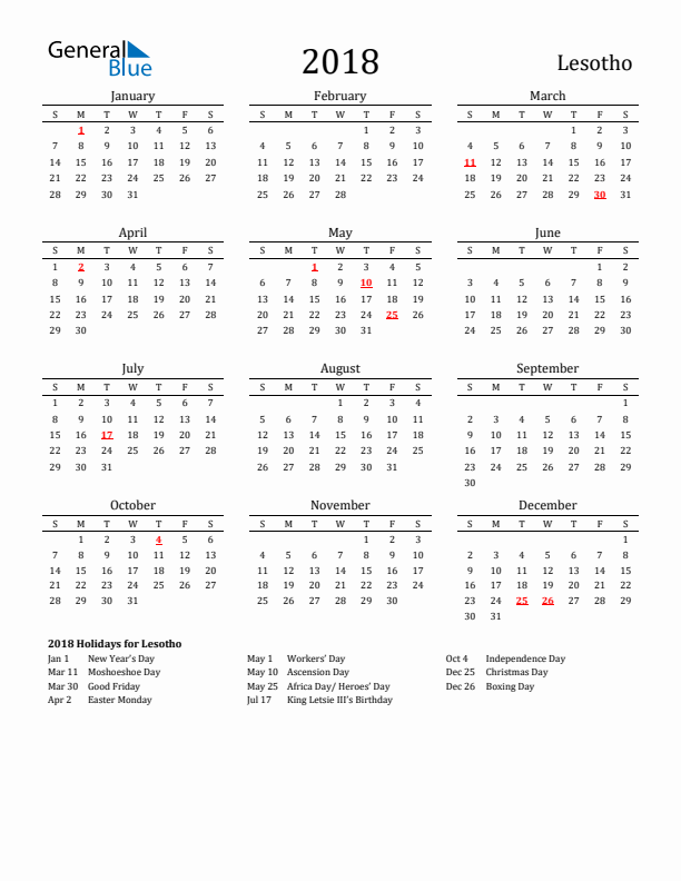 Lesotho Holidays Calendar for 2018