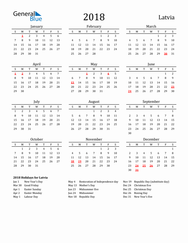 Latvia Holidays Calendar for 2018