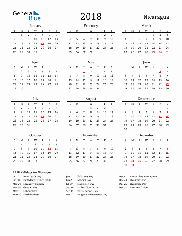 Nicaragua Holidays Calendar for 2018