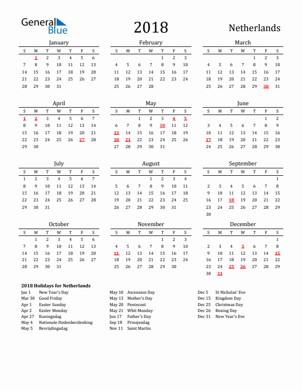 The Netherlands Holidays Calendar for 2018