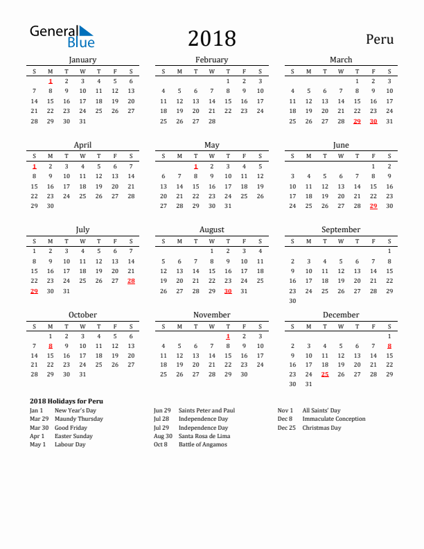 Peru Holidays Calendar for 2018