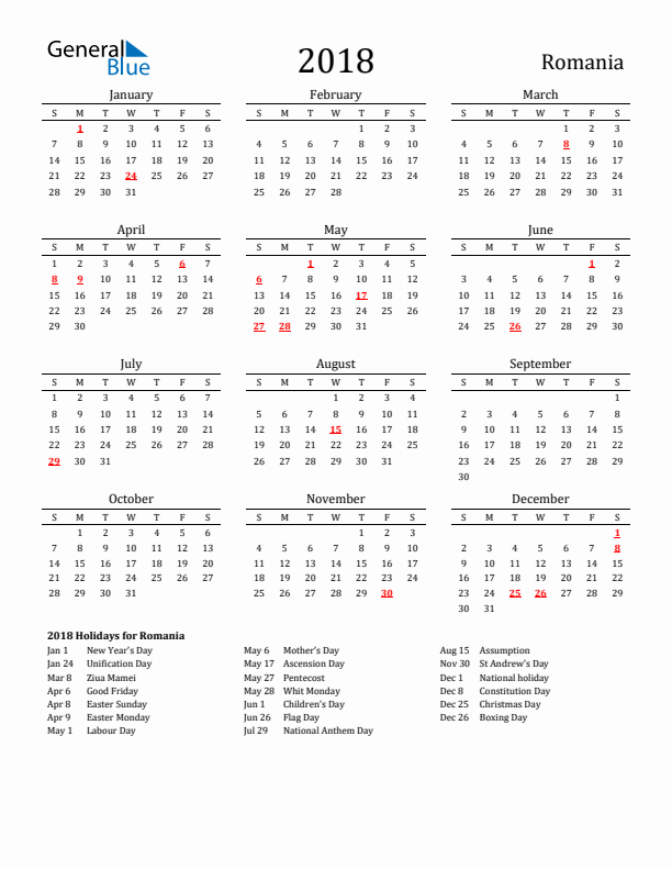 Romania Holidays Calendar for 2018