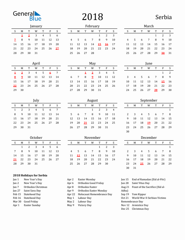 Serbia Holidays Calendar for 2018