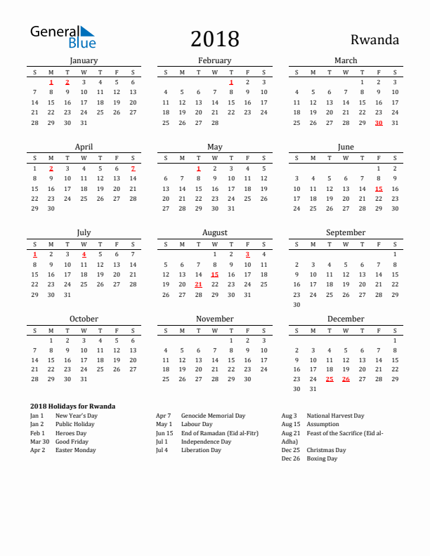 Rwanda Holidays Calendar for 2018