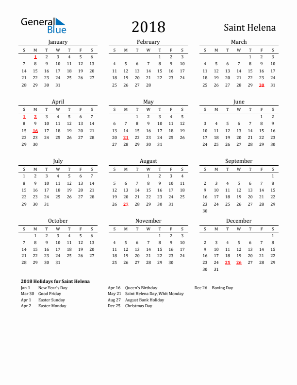 Saint Helena Holidays Calendar for 2018