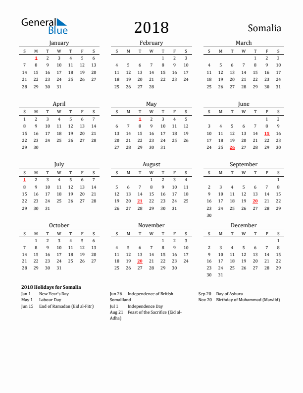 Somalia Holidays Calendar for 2018