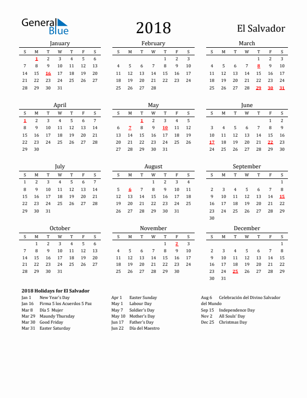 El Salvador Holidays Calendar for 2018