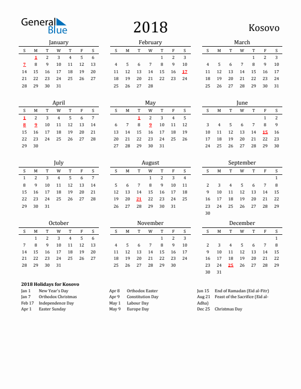 Kosovo Holidays Calendar for 2018