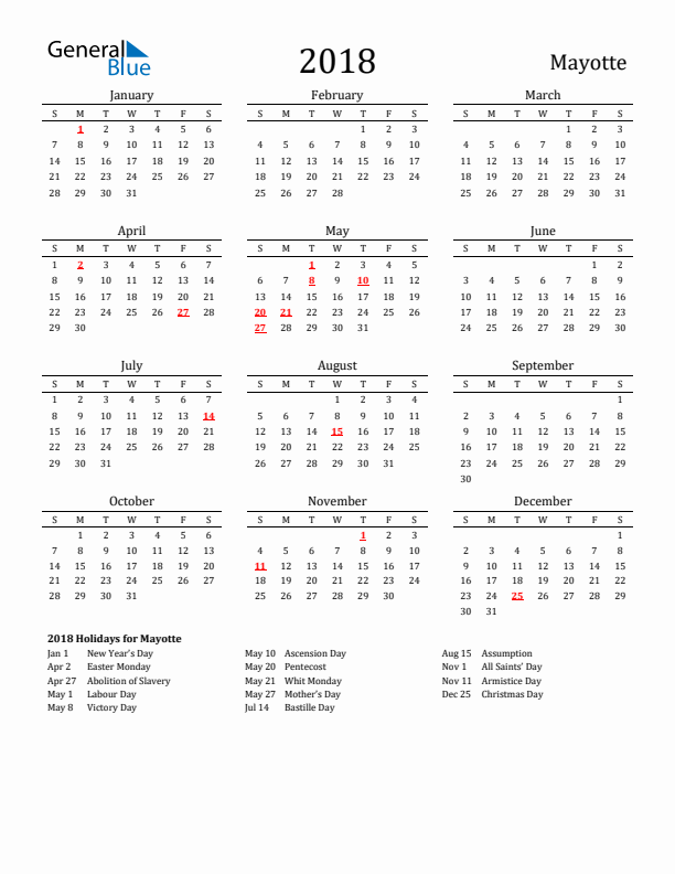 Mayotte Holidays Calendar for 2018