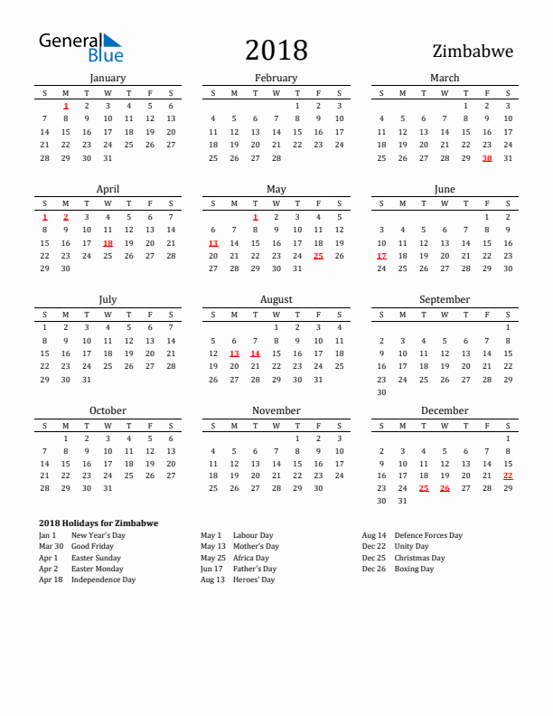 Zimbabwe Holidays Calendar for 2018