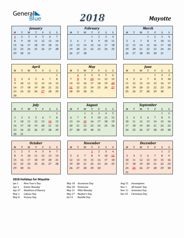 Mayotte Calendar 2018 with Monday Start