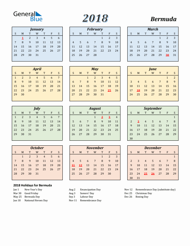 Bermuda Calendar 2018 with Sunday Start