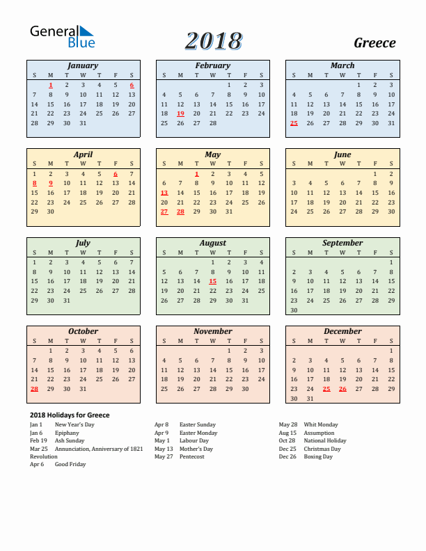 Greece Calendar 2018 with Sunday Start