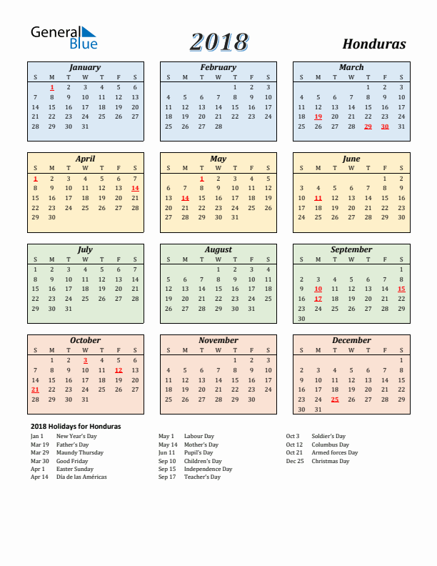 Honduras Calendar 2018 with Sunday Start