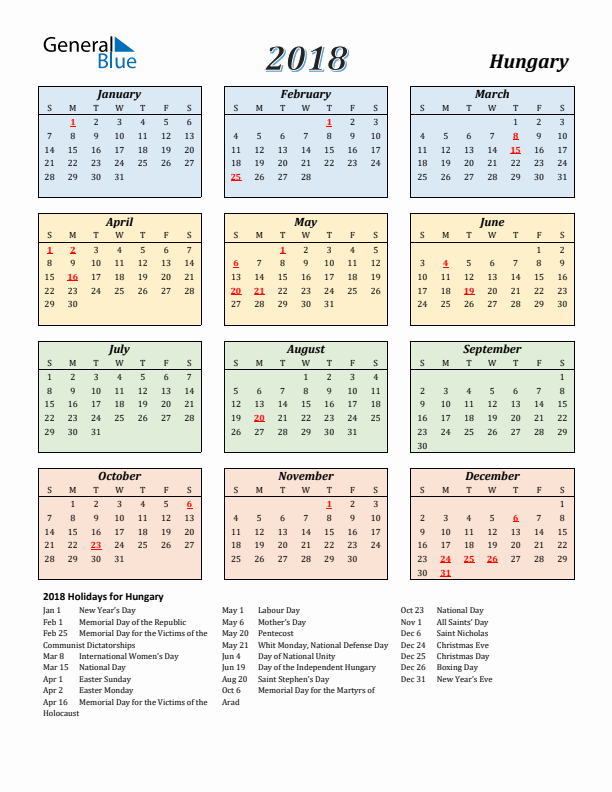 Hungary Calendar 2018 with Sunday Start