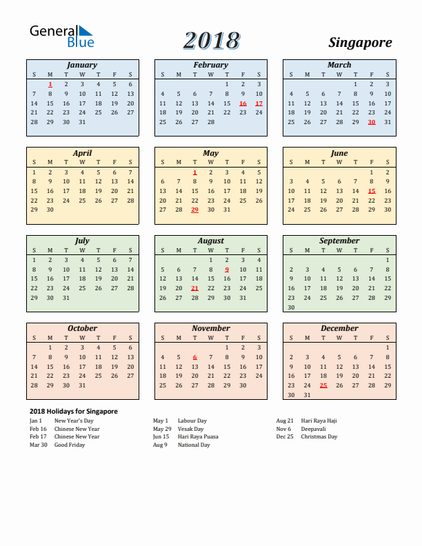 Singapore Calendar 2018 with Sunday Start