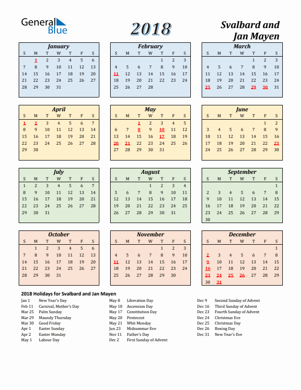 Svalbard and Jan Mayen Calendar 2018 with Sunday Start