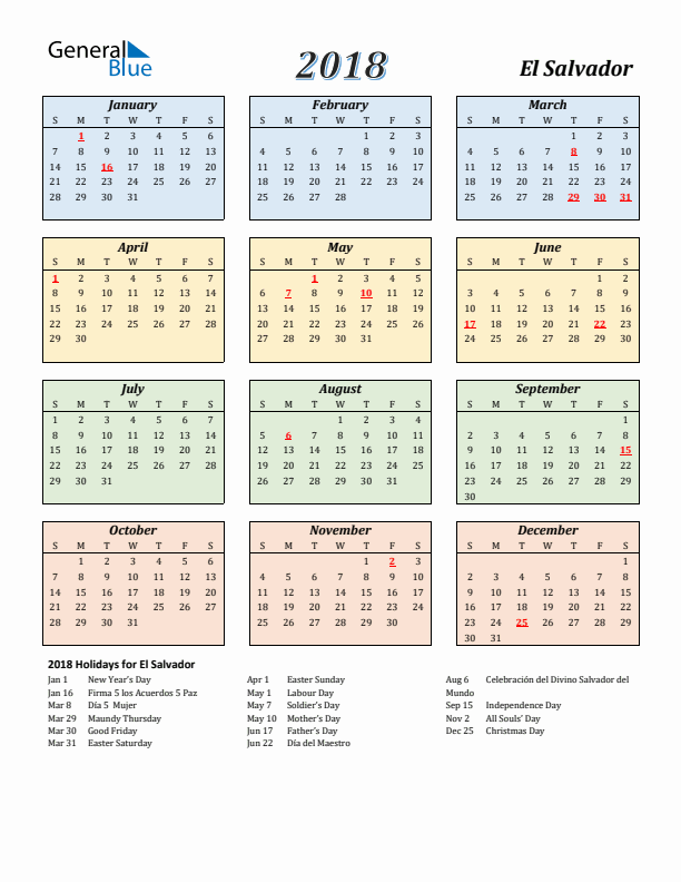 El Salvador Calendar 2018 with Sunday Start