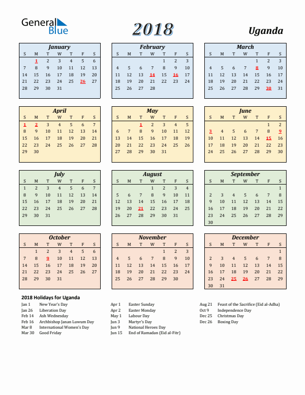 Uganda Calendar 2018 with Sunday Start