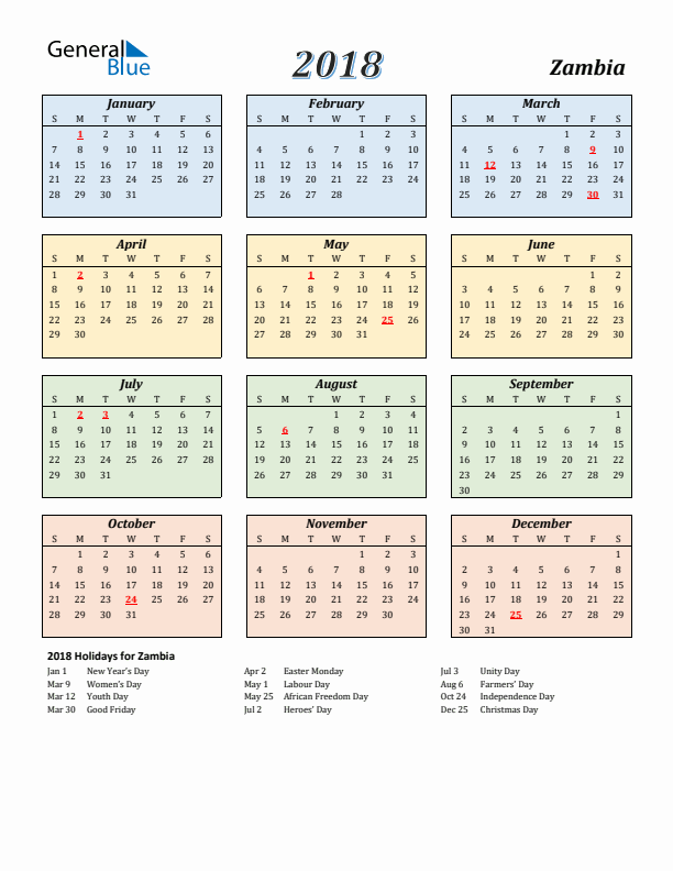 Zambia Calendar 2018 with Sunday Start