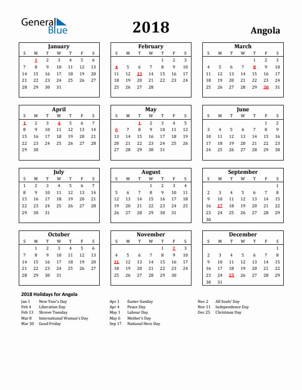 2018 Angola Holiday Calendar - Sunday Start