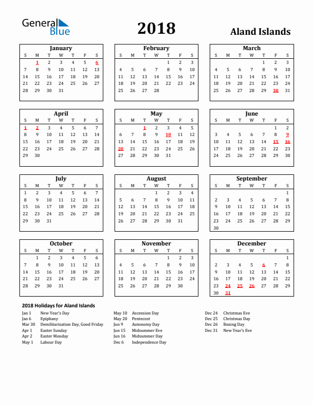 2018 Aland Islands Holiday Calendar - Sunday Start