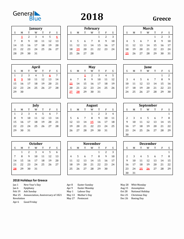 2018 Greece Holiday Calendar - Sunday Start