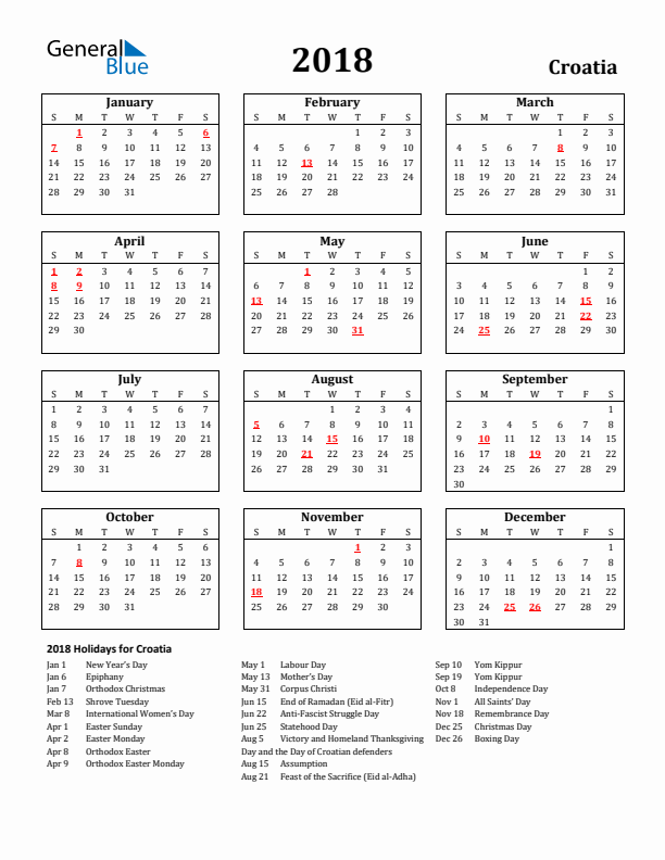 2018 Croatia Holiday Calendar - Sunday Start