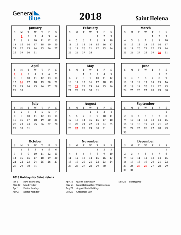 2018 Saint Helena Holiday Calendar - Sunday Start