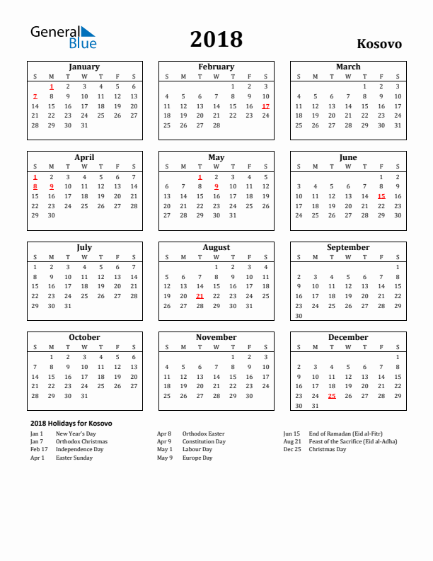 2018 Kosovo Holiday Calendar - Sunday Start