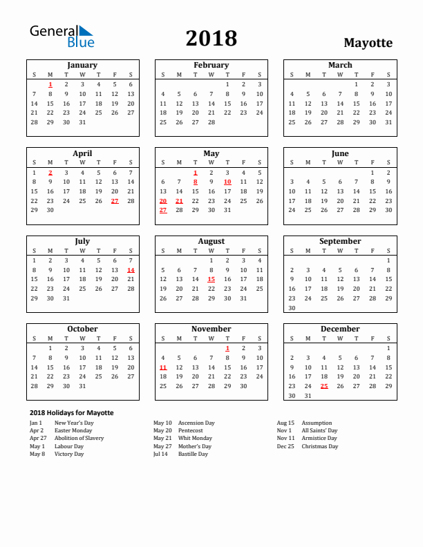 2018 Mayotte Holiday Calendar - Sunday Start