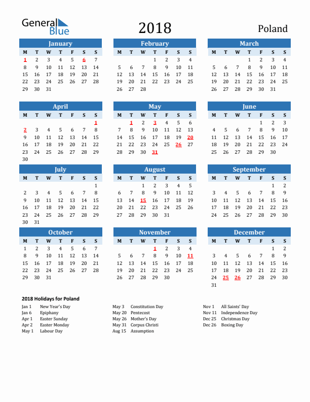 Printable Calendar 2018 with Poland Holidays (Monday Start)