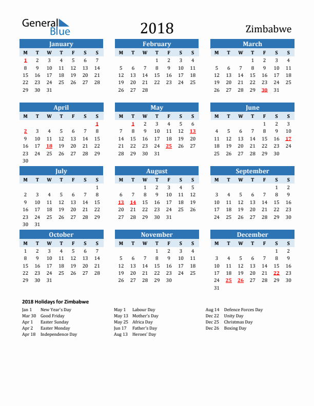 Printable Calendar 2018 with Zimbabwe Holidays (Monday Start)