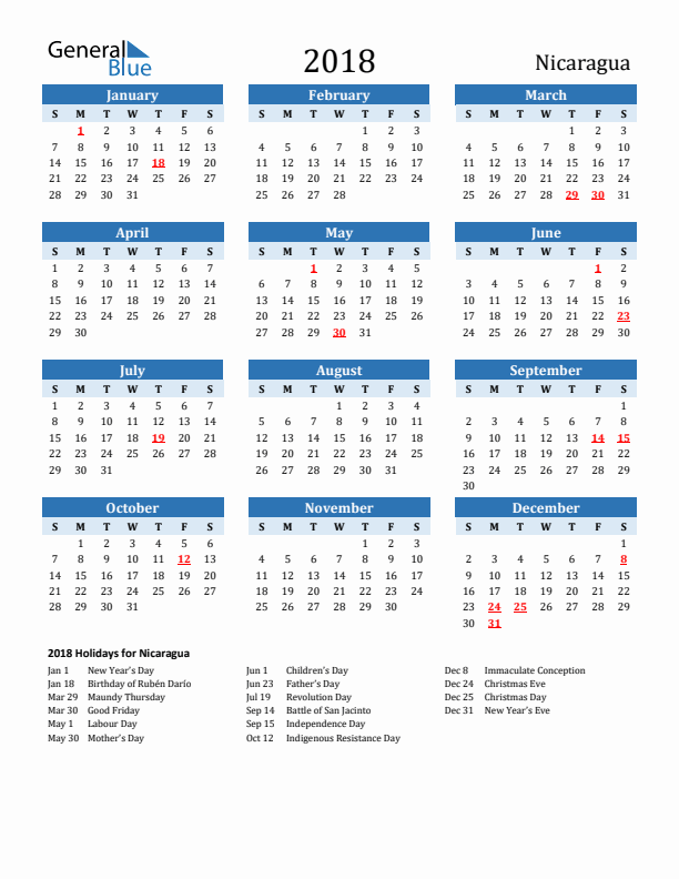 Printable Calendar 2018 with Nicaragua Holidays (Sunday Start)