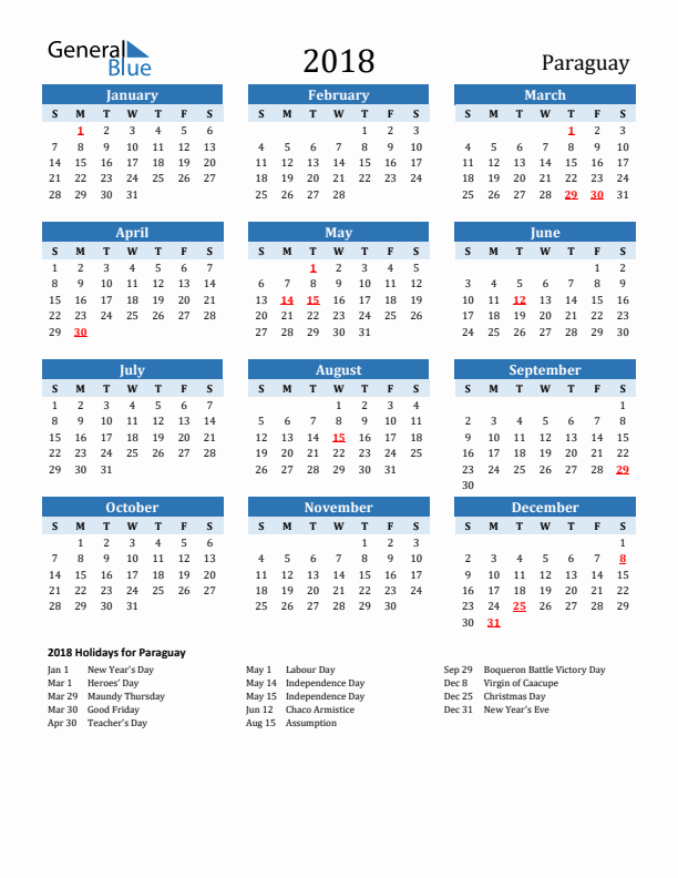 Printable Calendar 2018 with Paraguay Holidays (Sunday Start)