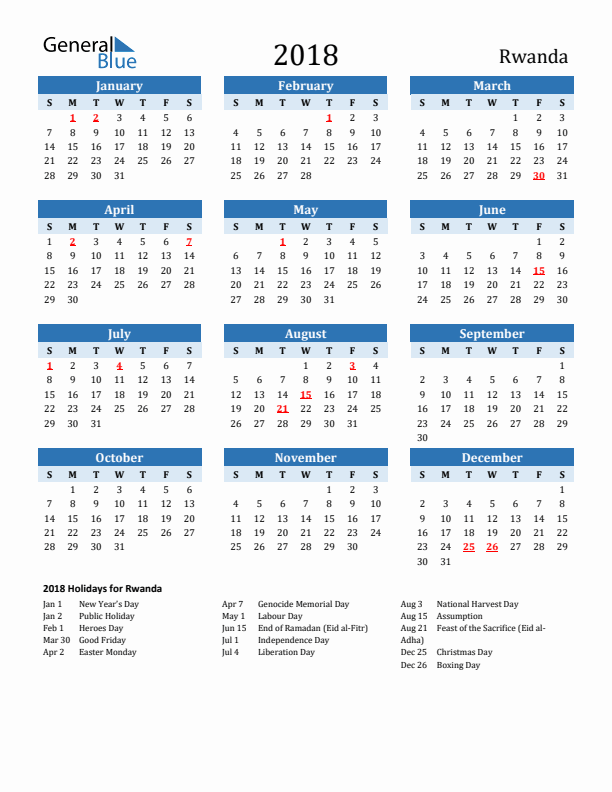 Printable Calendar 2018 with Rwanda Holidays (Sunday Start)