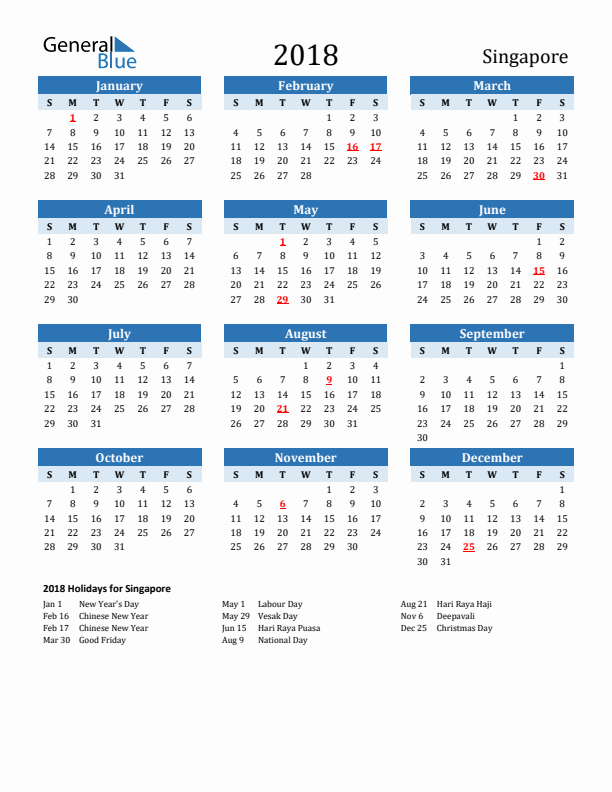 Printable Calendar 2018 with Singapore Holidays (Sunday Start)