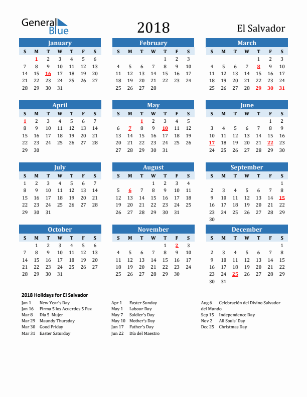 Printable Calendar 2018 with El Salvador Holidays (Sunday Start)