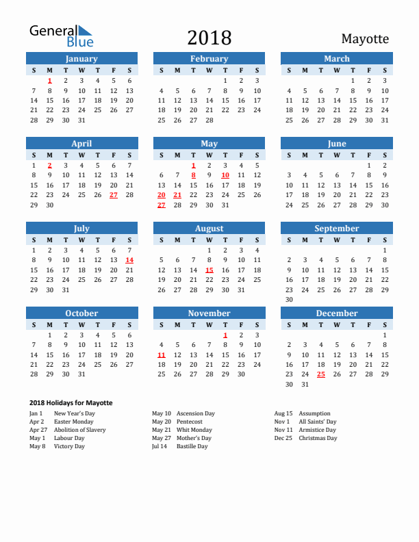 Printable Calendar 2018 with Mayotte Holidays (Sunday Start)