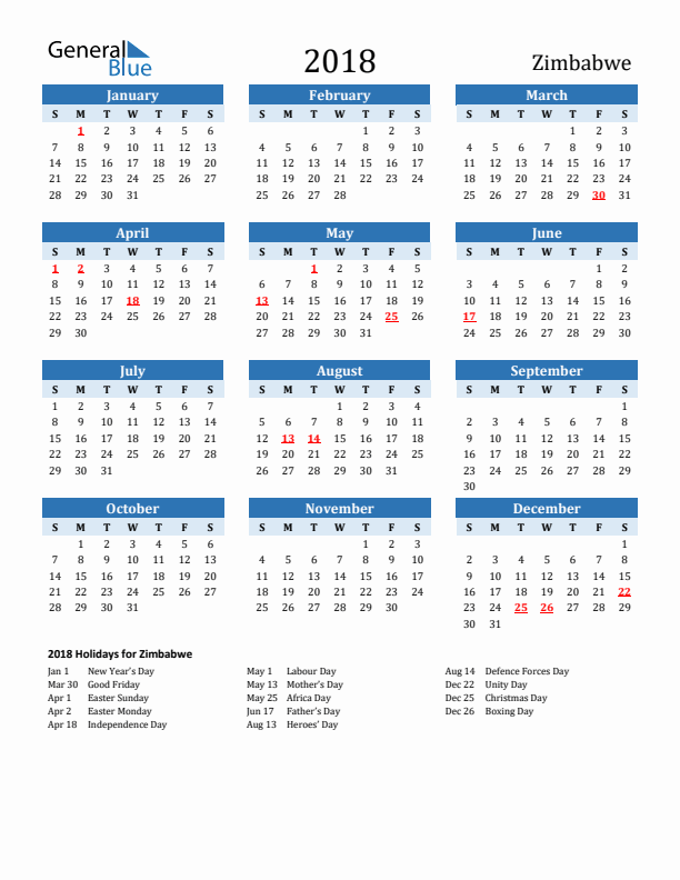 Printable Calendar 2018 with Zimbabwe Holidays (Sunday Start)