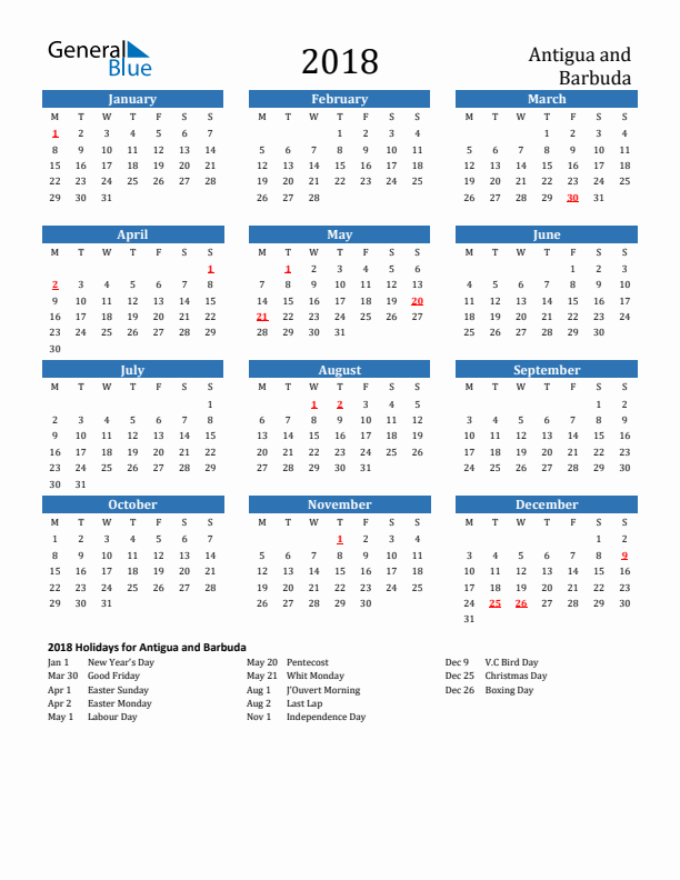 Antigua and Barbuda 2018 Calendar with Holidays