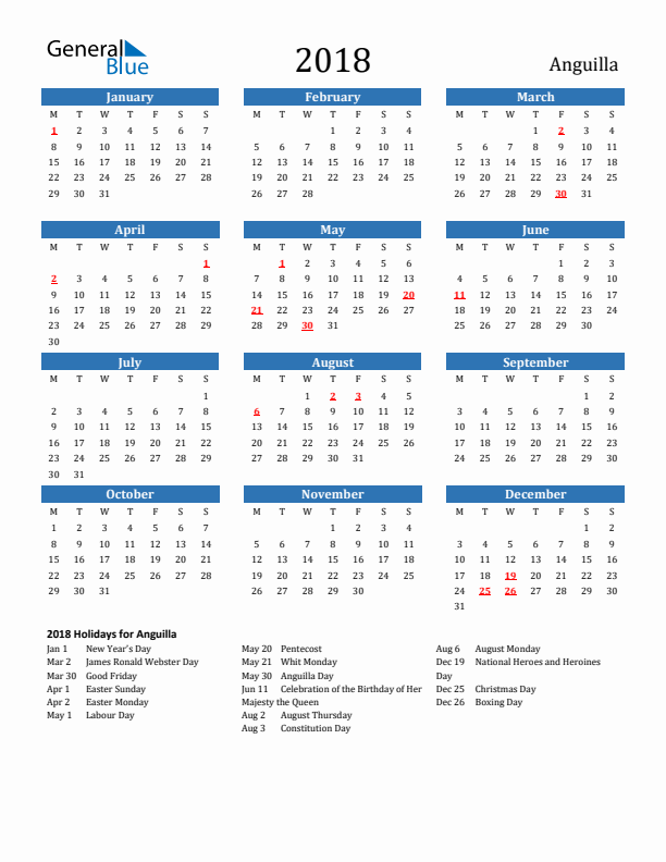 Anguilla 2018 Calendar with Holidays