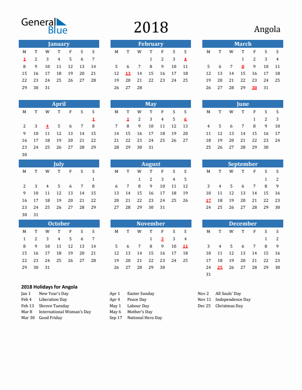 Angola 2018 Calendar with Holidays